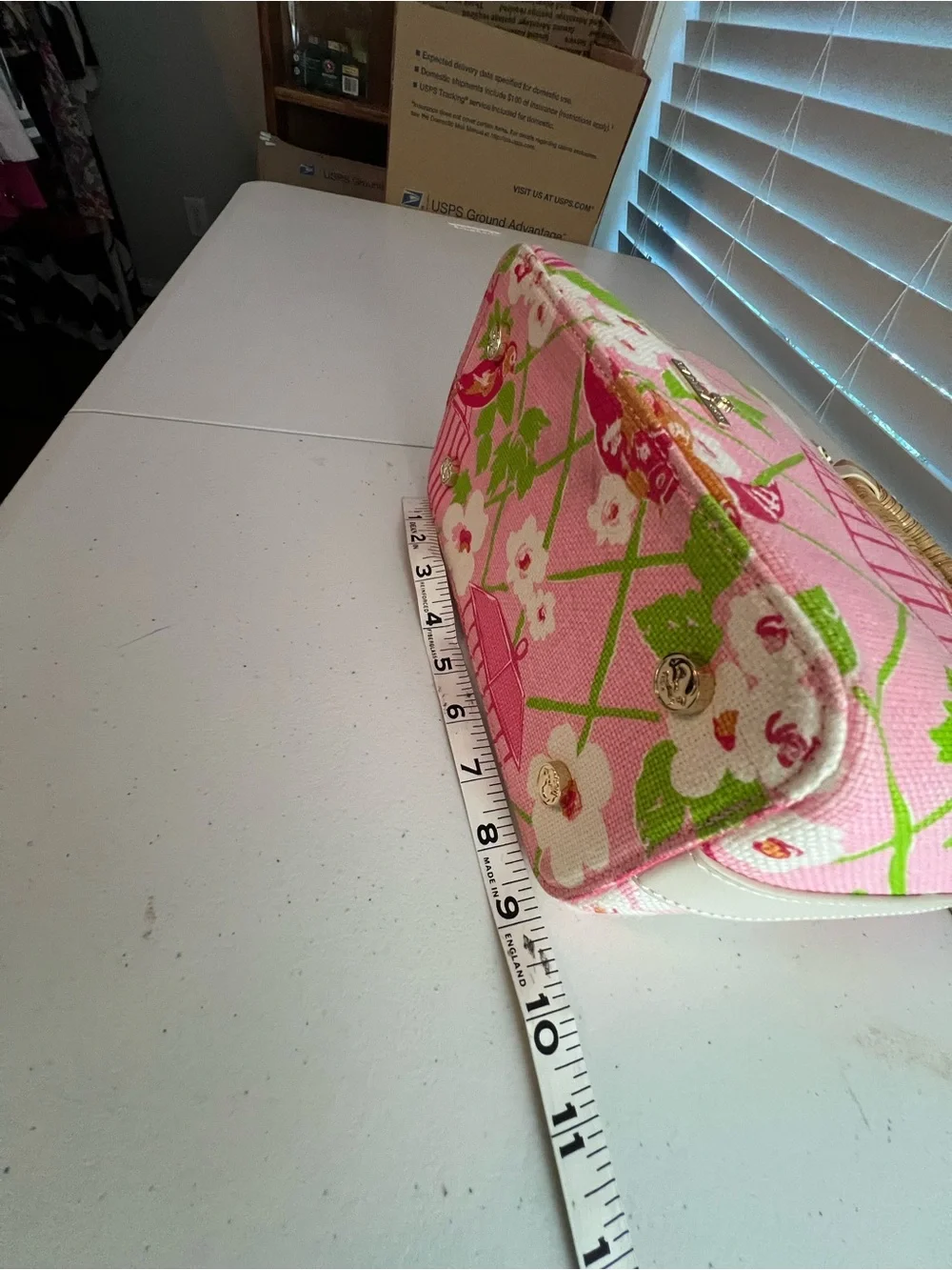 Pink Floral Canvas Tote with Rattan Ring Handles by Spartina 449 New
